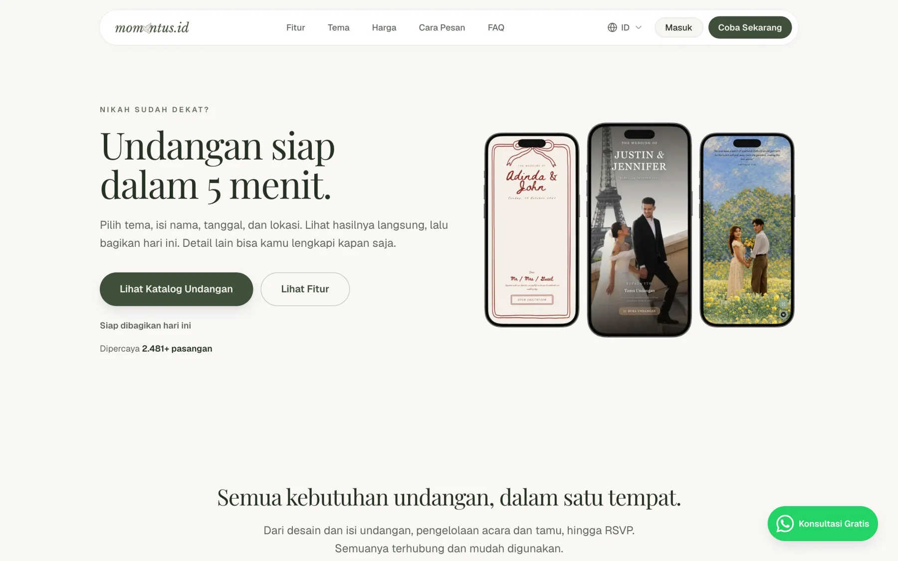 Halaman depan momentus.id di desktop, menampilkan tiga contoh undangan digital