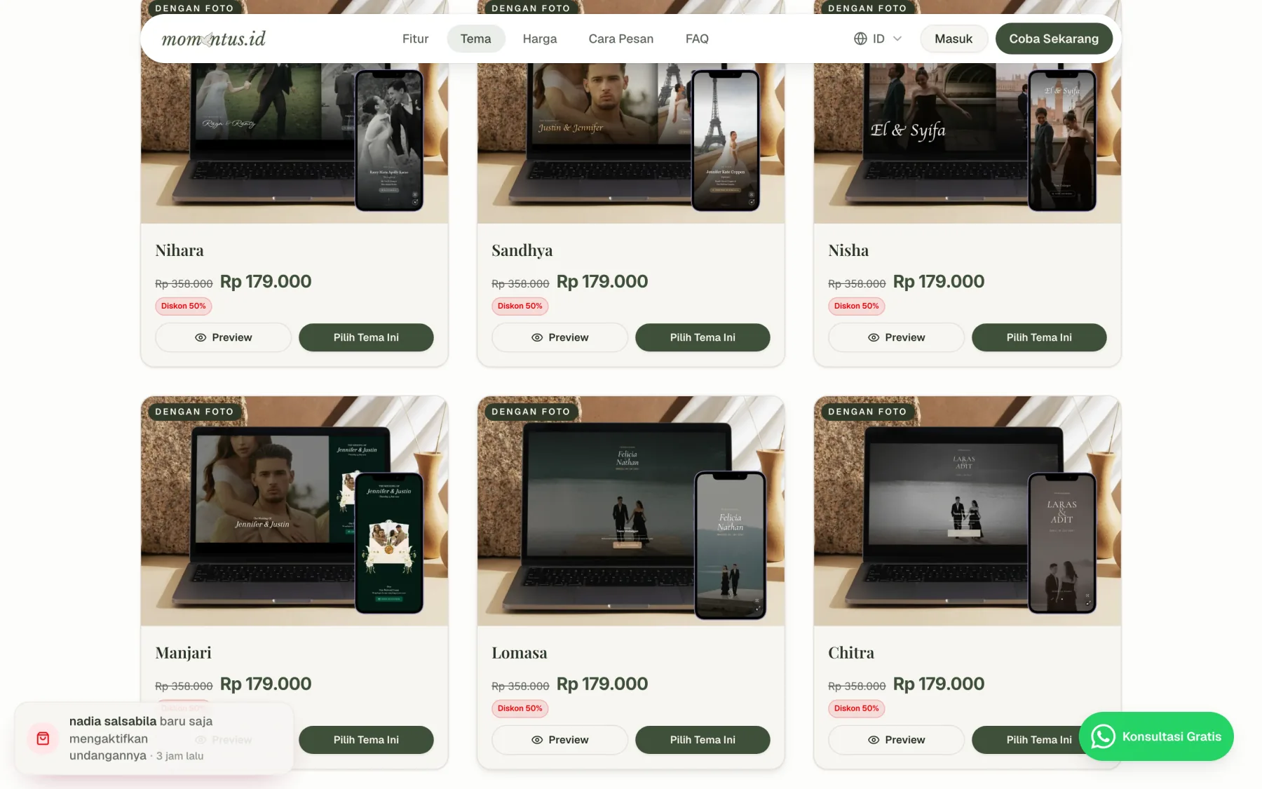 Katalog tema undangan momentus.id dengan pilihan desain dengan foto dan tanpa foto